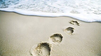Close-up view of sandy footprints trailing from the ocean onto the beach under the warm sunlight