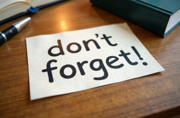 A reminder note with bold text saying don't forget! is placed on a polished wooden table beside a pen and a closed book, signaling the importance of staying organized and remembering tasks.