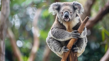 Obraz premium Koala Holding onto a Branch in a Green Forest