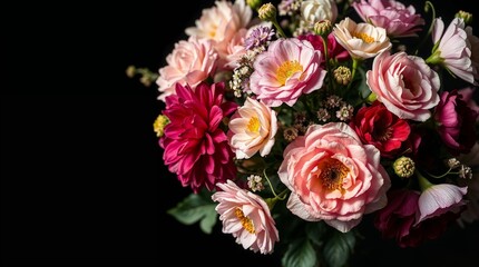 A vintage bouquet of flowers on a black background, soft cinematic haze, ethereal spiritual vibe, light aura, mystical feeling, soft focus, hazy background, Baroque style, floral wallpaper design.