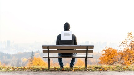 Person Sitting on a Bench in Autumn with a Serene Cityscape Background, Displaying a Blank Page on Their Back, Reflecting on Nature and Creativity