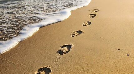 Sandy footprints emerging from the ocean, creating a natural trail across the beach surface in detail