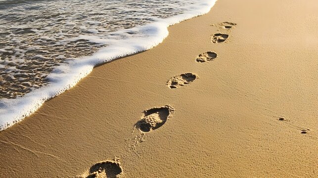 Sandy footprints emerging from the ocean, creating a natural trail across the beach surface in detail