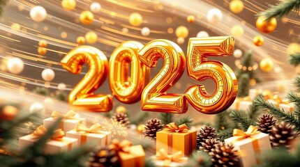 Modern 3D illustration: New Year 2025 celebration. Golden number balloons, gift boxes, Christmas trees, and pinecones in dynamic motion.