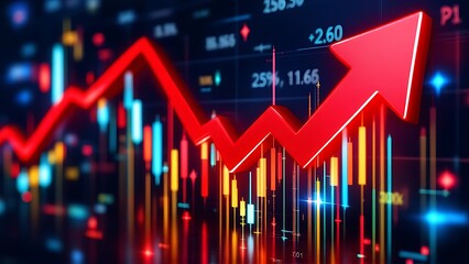 A large red arrow points downwards over a gridded financial chart showing a sharp decline in value, with the bars of the chart going from high to low.