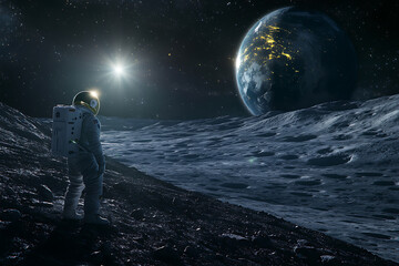 Fototapeta premium Astronaut on the Moon Gazing at Earth