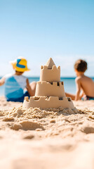 Building sandcastles on sunny beach with children enjoying day