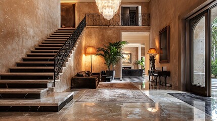 Warm beige Venetian plaster walls in an opulent foyer with a grand chandelier overhead