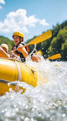 Enjoying water rafting through rapids, creating splashes and excitement