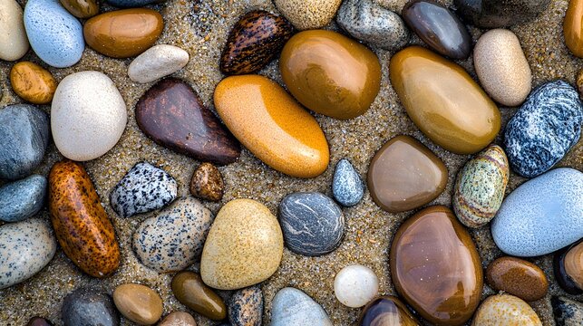 Close-up of smooth multicolored beach pebbles scattered across soft sand in a natural pattern