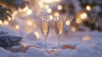 Two champagne flutes in snow with bokeh lights.