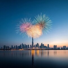 Spectacular Fireworks Display Over Urban Skyline with Reflections in Water at Dusk, Celebrating a Special Occasion in a Modern City Landscape