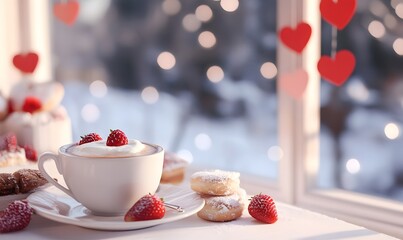 A cup of coffee with cream on top, surrounded by pastries and strawberries in the snowy landscape outside the window, Generative AI