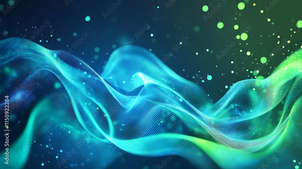Poster a advertising poster,the background should be simple with blue and green curves,dots and squares rep