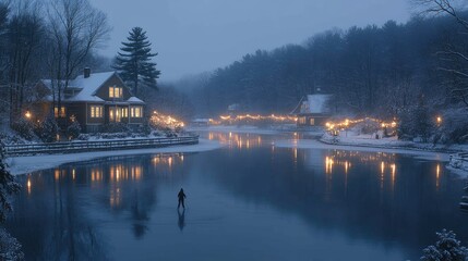 Obraz premium Serene winter evening scene a person ice skating on a frozen lake, surrounded by snow-covered houses with warm lights reflecting on the still water.