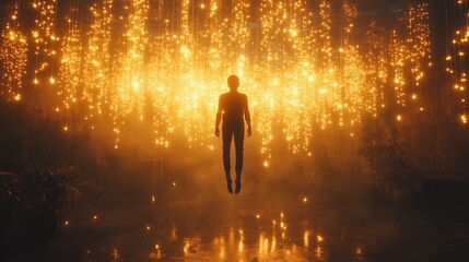 Silhouette of a person levitating amidst a shower of golden lights.