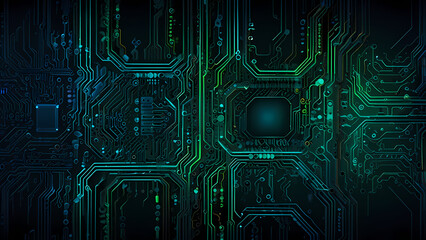 A futuristic abstract background resembling a circuit board, with glowing neon lines in shades of blue and green, intertwining in intricate patterns
