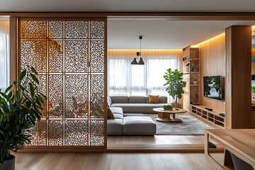 Wooden and glass room divider with intricate etching patterns, dividing an open-plan living space.