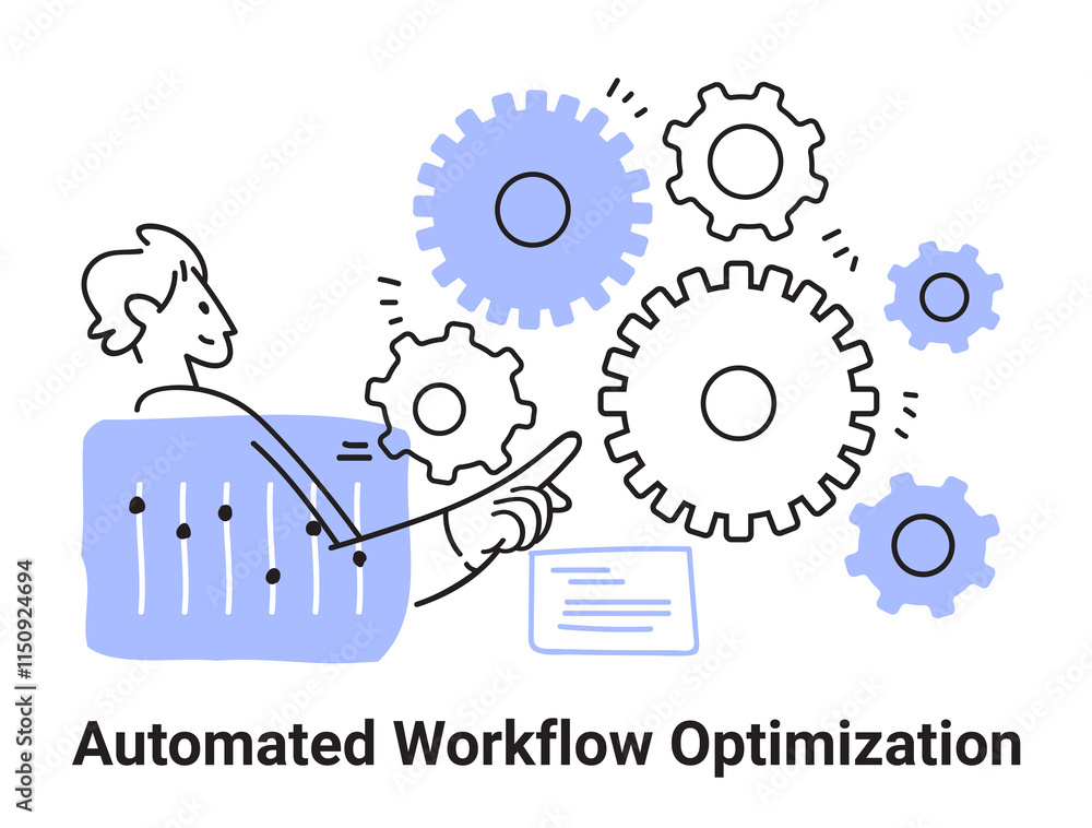 Poster automated workflow optimization concept with gears person interacting with controls blue accents min