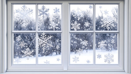 Winter Wonderland View from a Window Pane Decorated with Sparkling Snowflakes