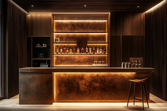 Wooden panel walls in a luxurious home bar area, enhanced with integrated LED lighting for a sophisticated vibe
