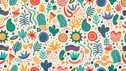 Fototapeta premium Vibrant Abstract Floral and Geometric Pattern Design Featuring Diverse Shapes and Colors Ideal for Textile Prints, Wallpapers, and Decorative Projects