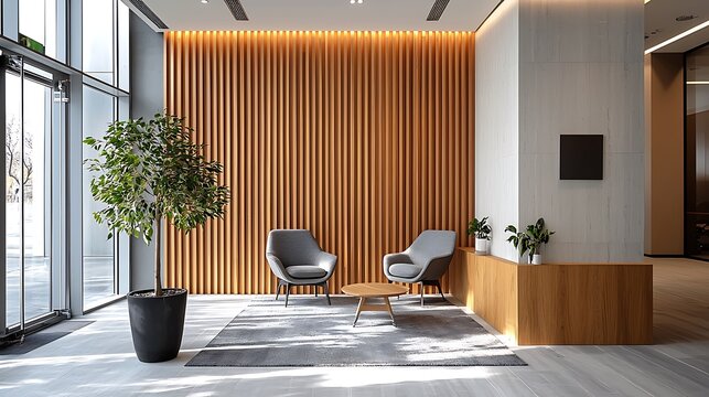 Wooden slat panels in a light finish, forming a clean and contemporary feature wall in a luxury office