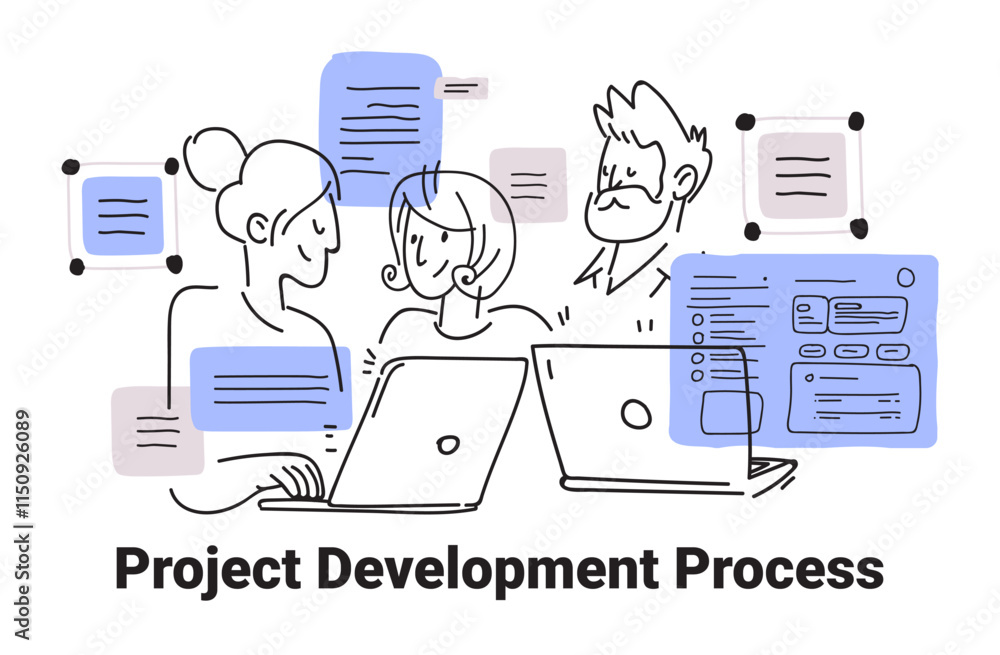 Poster project development process team collaboration laptops doodle style with abstract shapes and lines d