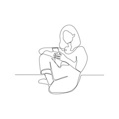 Young woman sitting on floor and using phone one line art drawing. Vector illustration.