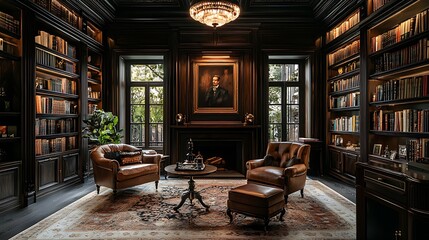 Wooden wall panels in a contrasting dark finish creating a luxurious statement in a home library