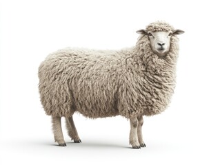A fluffy sheep stands upright against a white background, showcasing its woolly coat.