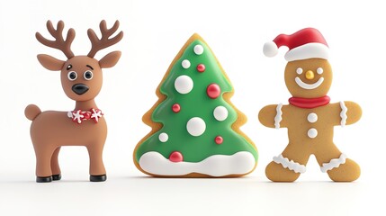 Naklejka premium Playful 3D Cartoon Christmas Scene Featuring a Reindeer, Christmas Tree, and Large Gingerbread Cookie for Kids, Capturing Festive Spirit and Whimsical Holiday Charm on a White Background.