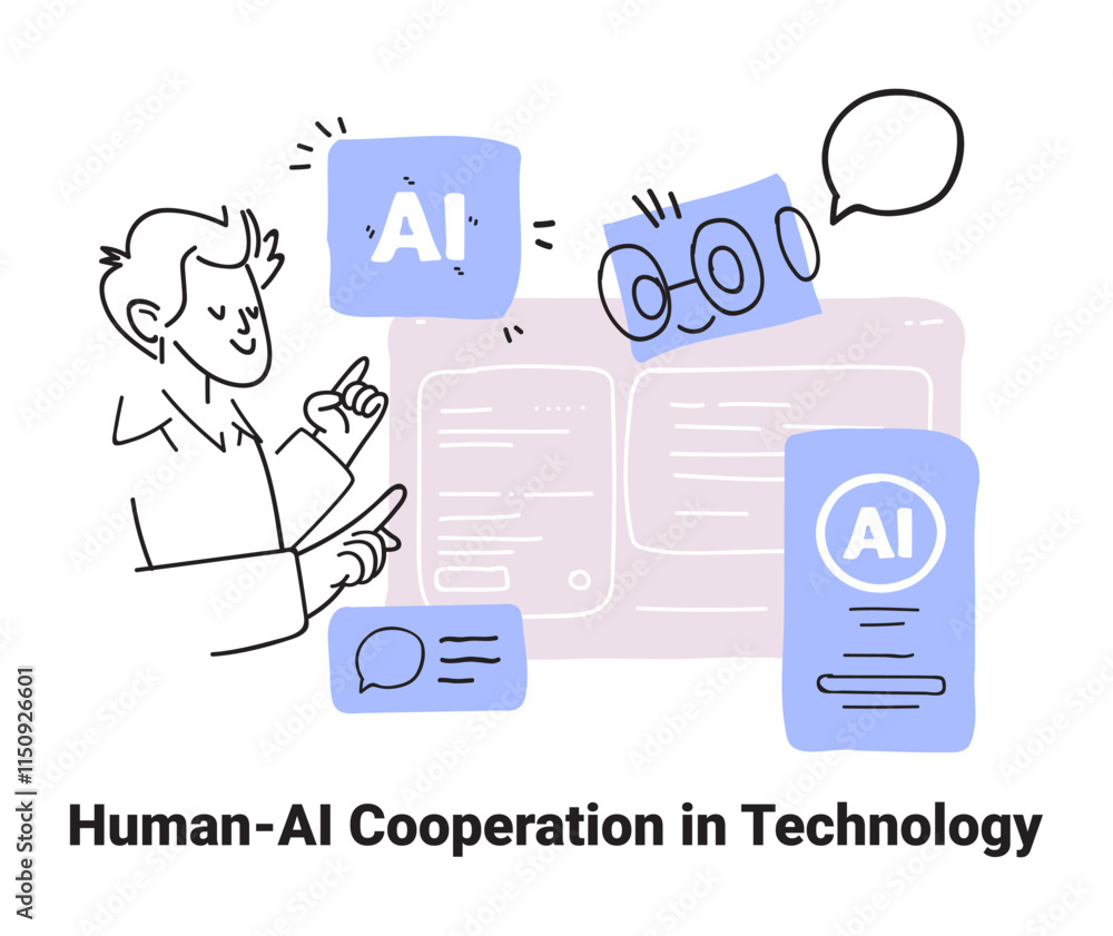 Poster human-ai interaction technology cooperation concept sketch style. a person interacts with ai element
