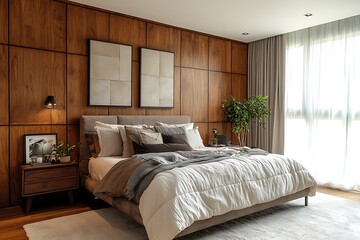 Wooden wall panels in a deep walnut finish, creating a rich, elegant vibe in a luxury bedroom