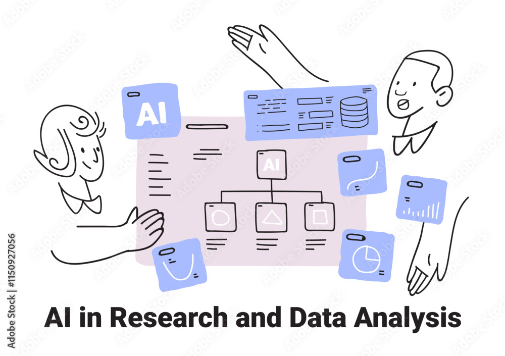 Poster ai in research and data analysis concept with people interacting around flowcharts graphs and icons 