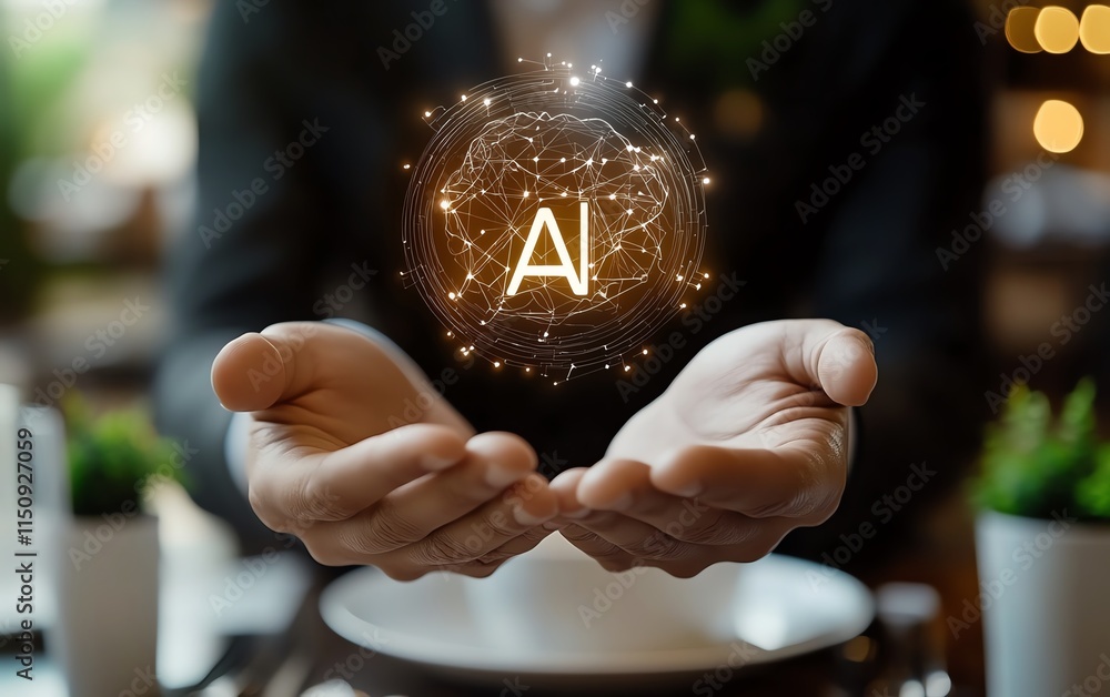 Poster ai icon floating above a businessman s hands, representing the integration of artificial intelligenc