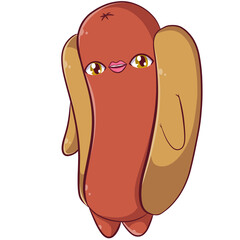 hot dog sandwich sausage Cute fast food Character Illustration 2D with expressive transparent background