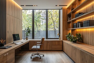 Wooden wall panels in a light oak finish creating a minimalist yet sophisticated look in a luxury home office