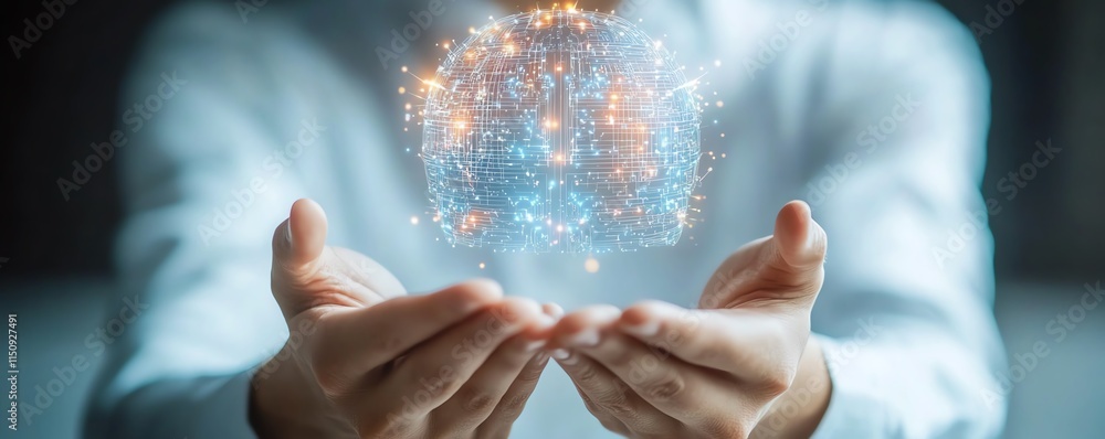 Aufkleber businessmans hands interacting with a floating ai icon, representing the role of artificial intellig