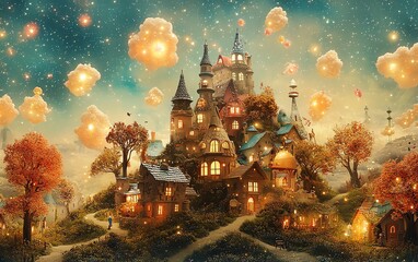 Obraz premium Child playing with magical toys in a fantasy world, surrounded by vibrant characters and imaginative landscapes, encouraging creativity and storytelling