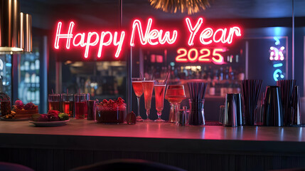 Neon Happy New Year 2025 Bar Illustration