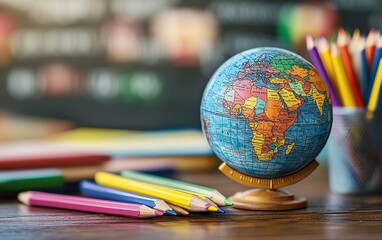 Closeup of a school table with stationery, including pencils, colored pencils, school books, and a world globe, with a blurred blackboard behind