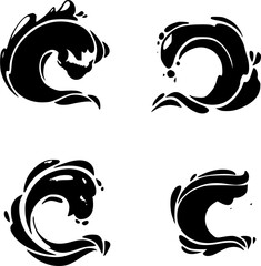 Big set of stylized ocean waves. Sea water wave, ocean flowing and swirl illustration. Vector illustration