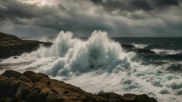 Powerful waves crashing against rocky cliffs under a dramatic stormy sky, with sea spray filling the air and the sound of thunder rumbling in the distance.