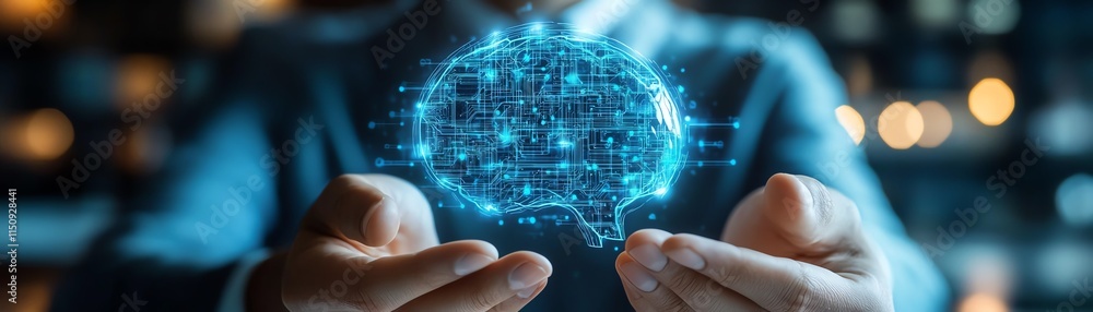 Poster hands of a businessman interacting with a holographic ai icon, representing artificial intelligence 