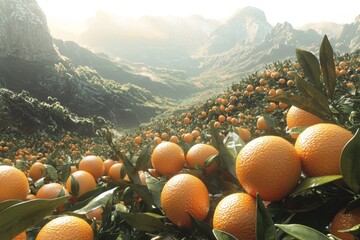 Lush Orange Orchard Harvest in Mountain Valley Landscape