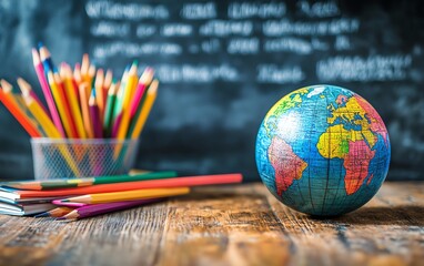 Primary school desk with pencils, colored pencils, school books, and a world ball, background featuring a softfocus blackboard, concept of education