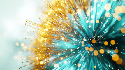 A vibrant burst of fireworks in vivid turquoise and gold hues, perfectly detailed on a crisp white background, with intricate shimmering trails