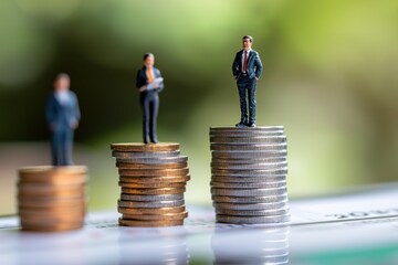 Business figures on stacked coins financial concept outdoors