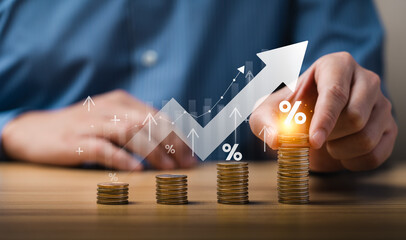 Business Growth Concept with Increasing Coin Stacks, Rising Arrows, and Data Graphics Representing...